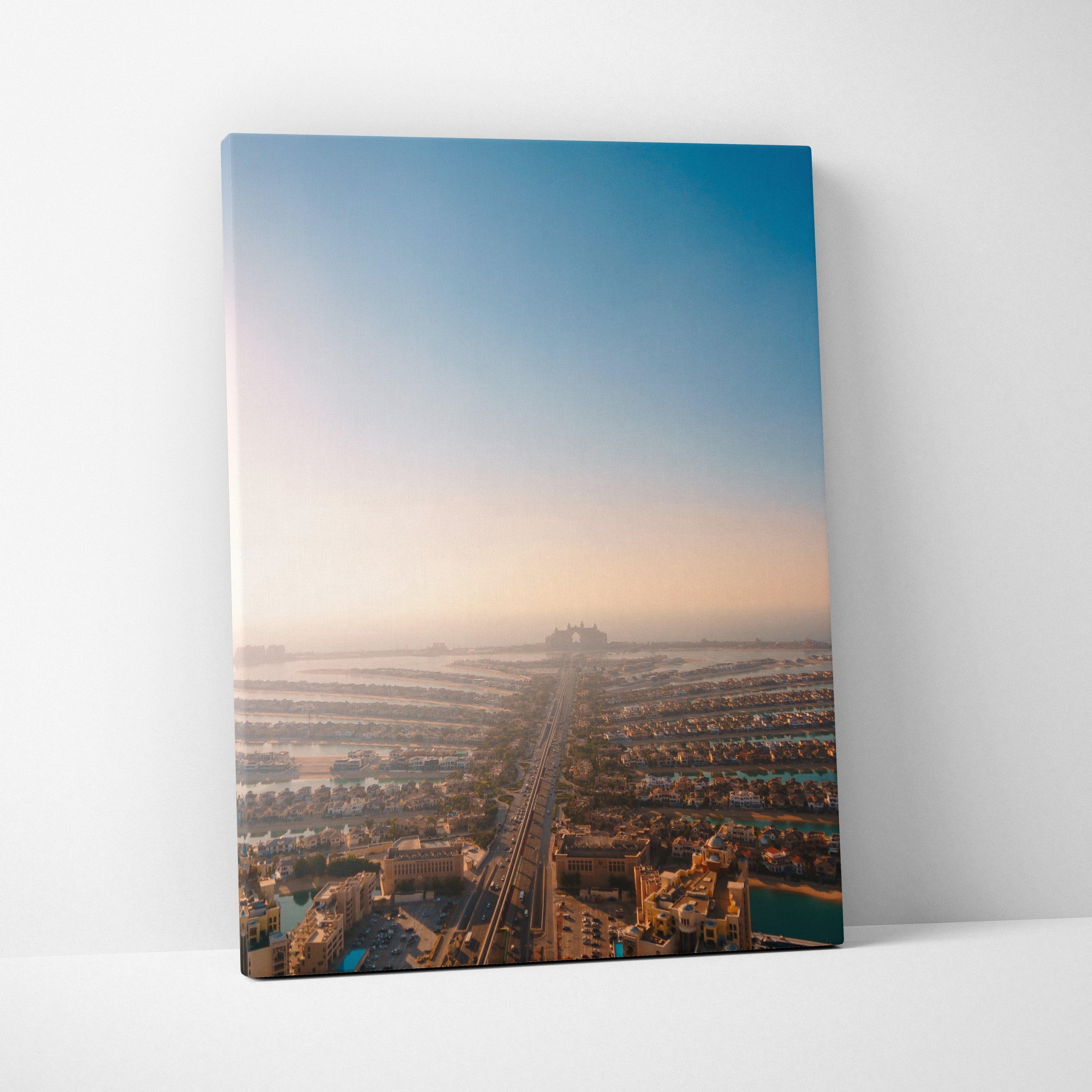 Vertical canvas wall art of urban landscape at sunset with soft gradient sky.