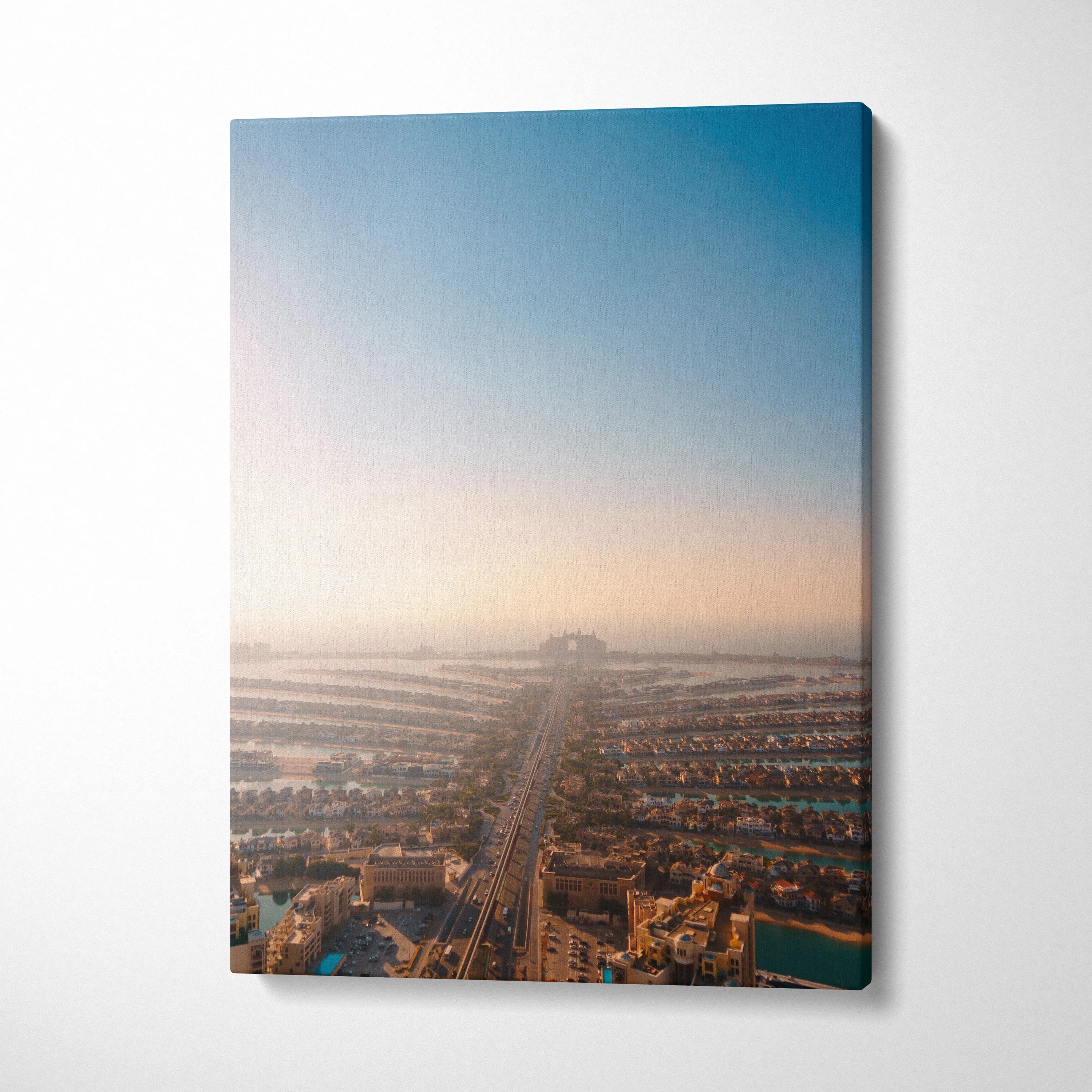 Urban landscape canvas wall art featuring soft gradient sky and detailed city streets in warm light.