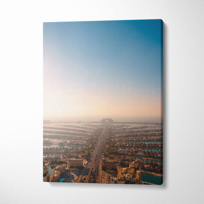 Urban landscape canvas wall art featuring soft gradient sky and detailed city streets in warm light.