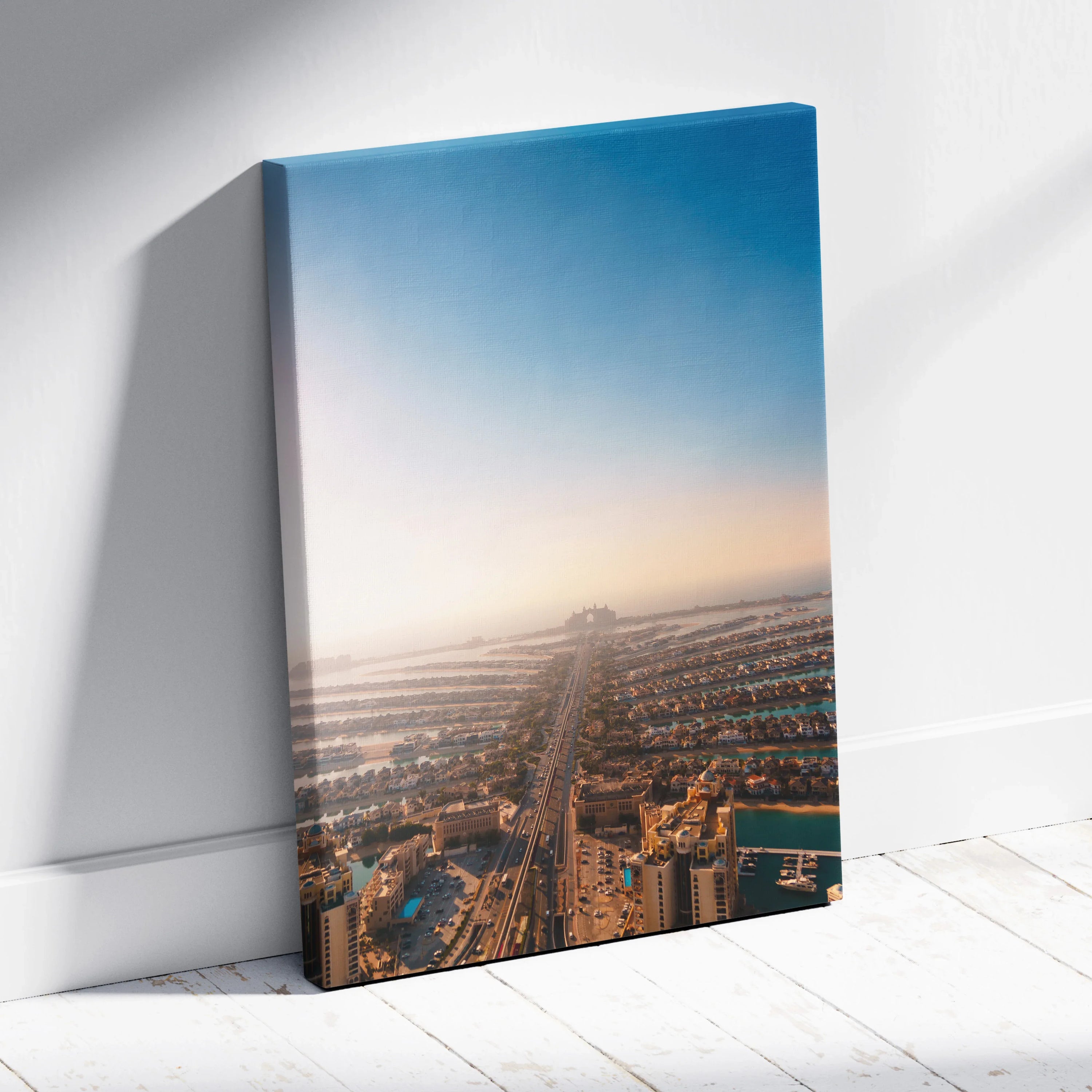 Urban landscape canvas art print with a city skyline and roads at sunset, vertical wall art.