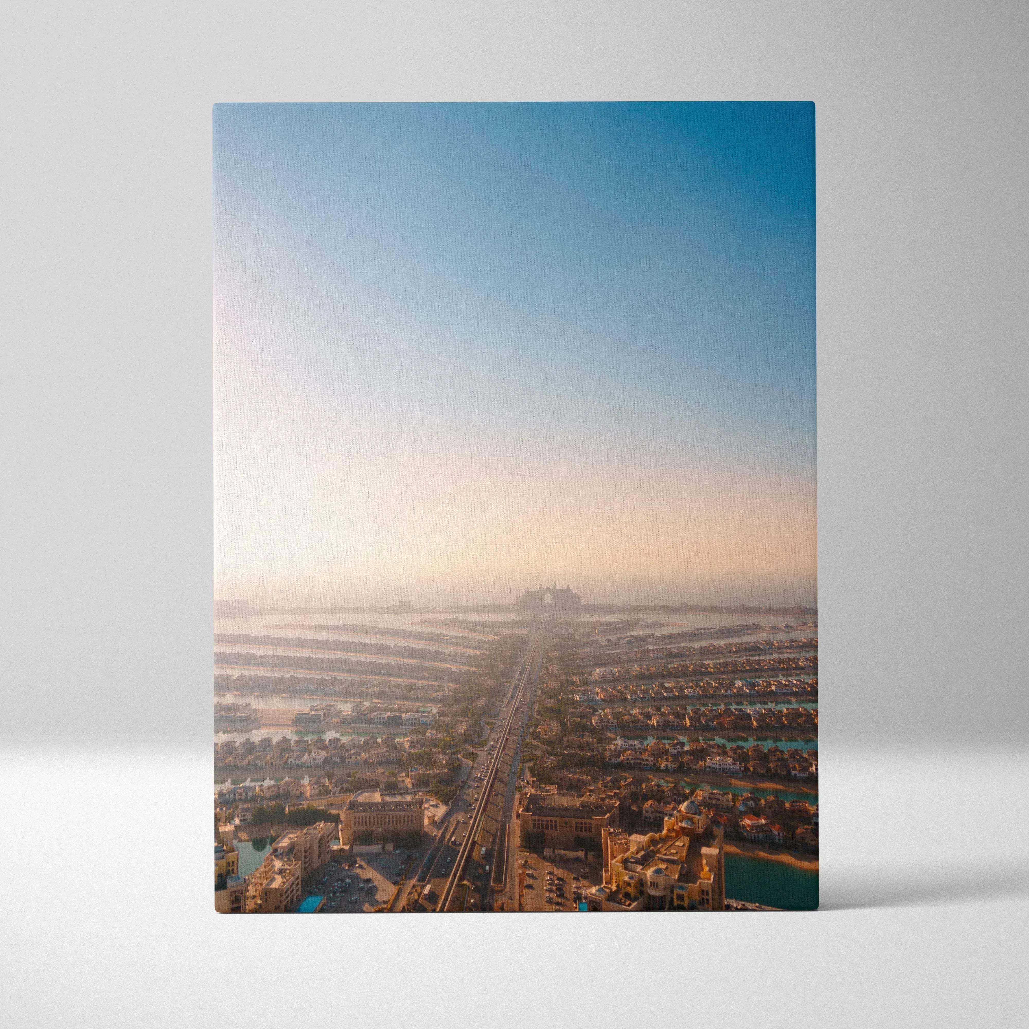 Rectangular canvas print of dubai palm jumeirah aerial view at sunrise with pastel sky and island architecture
