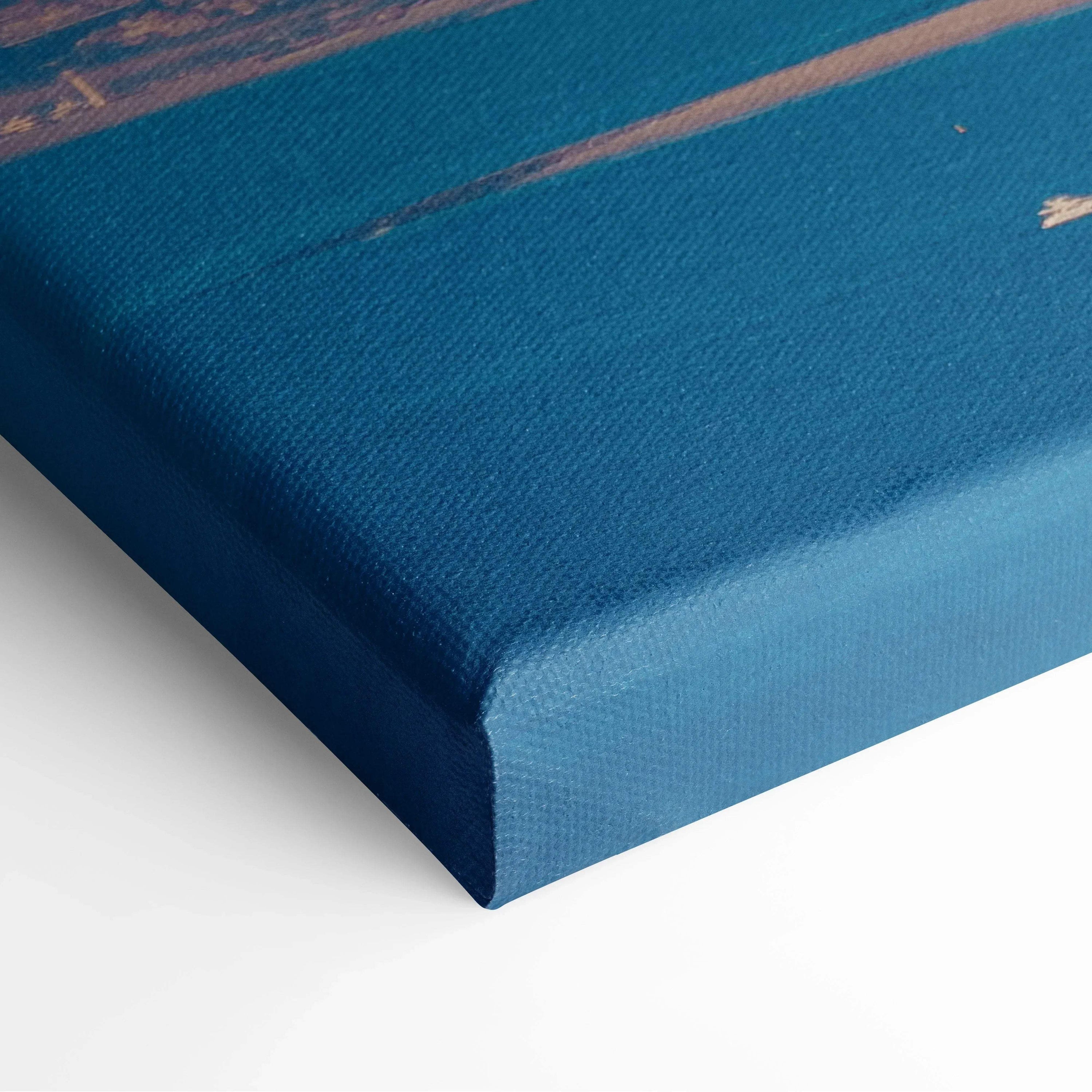 Close-up of stretched canvas art featuring deep blue background with subtle hints of pink and orange architectural lines.