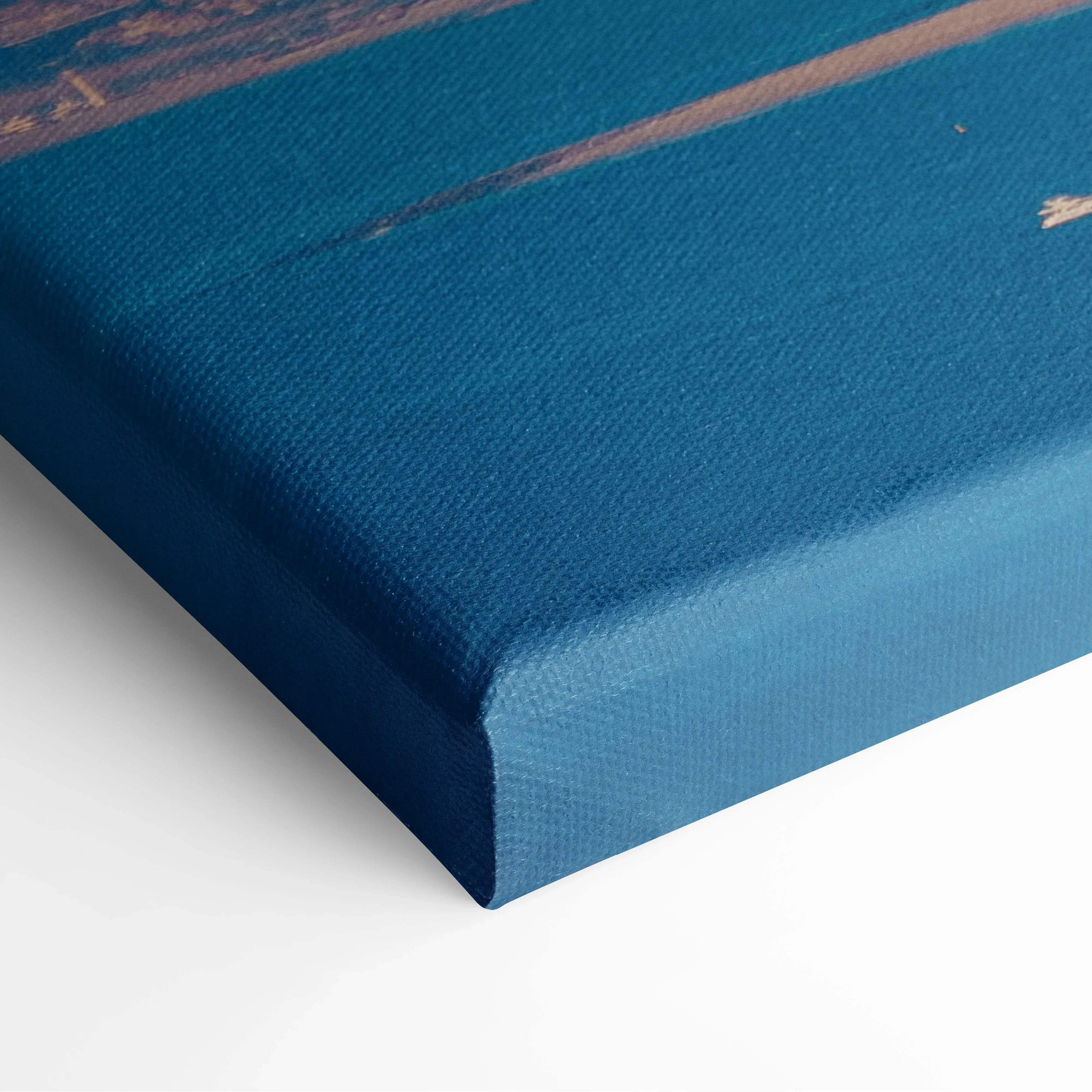 Contemporary dubai skyline canvas wall art with deep blue textured surface and subtle brown brushstroke accents