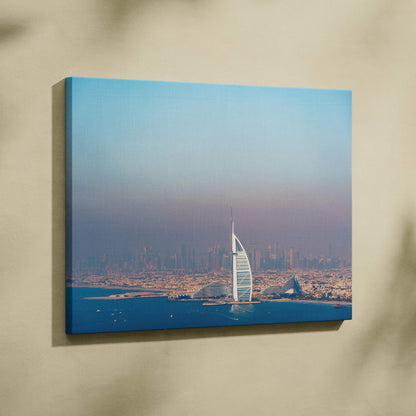 Canvas wall art featuring high-resolution digital architecture of a modern skyscraper against a hazy cityscape in soft blue.