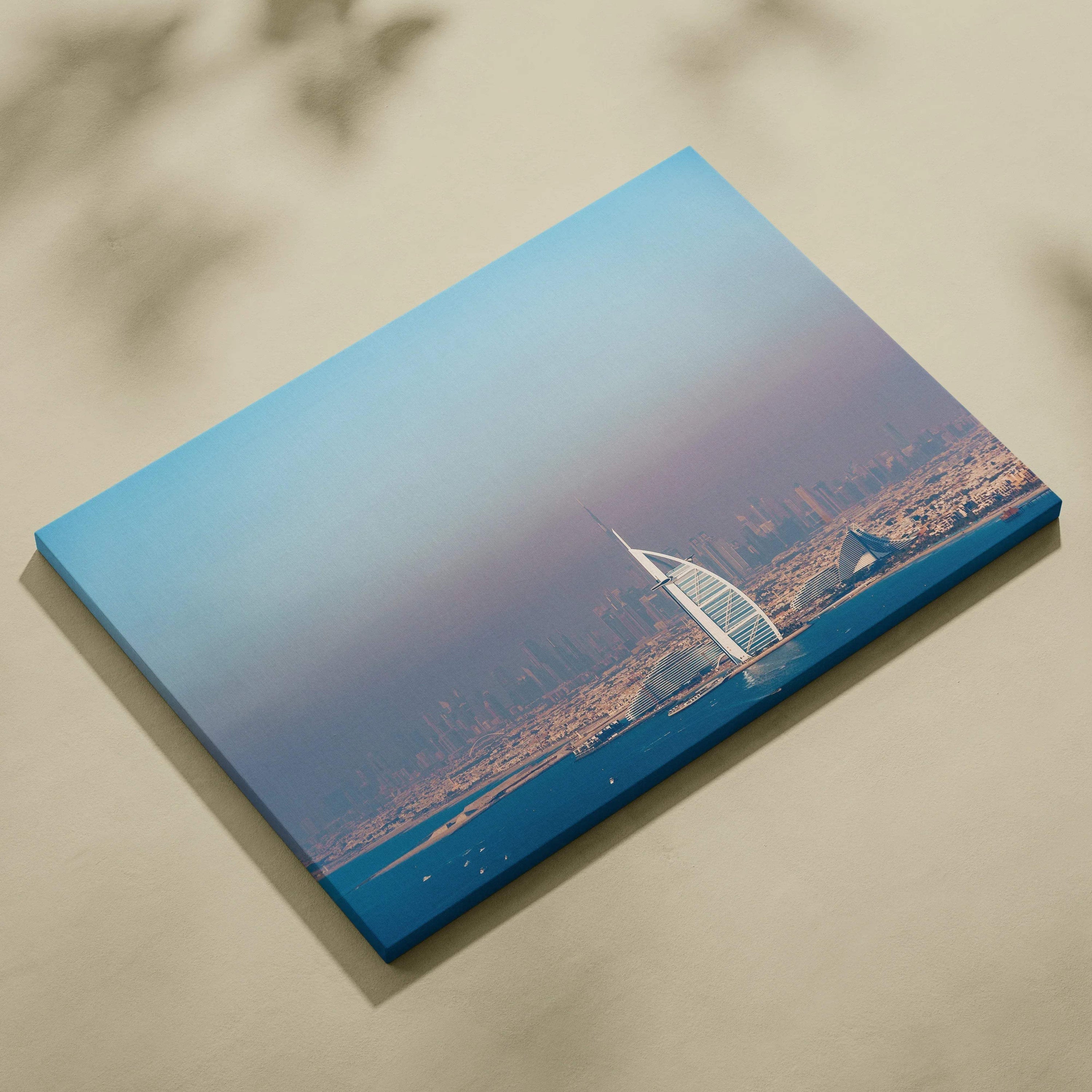 Canvas wall art featuring a high-resolution digital print of a modern cityscape with a prominent white sail-shaped building.