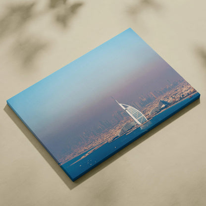 Canvas wall art featuring a high-resolution digital print of a modern cityscape with a prominent white sail-shaped building.