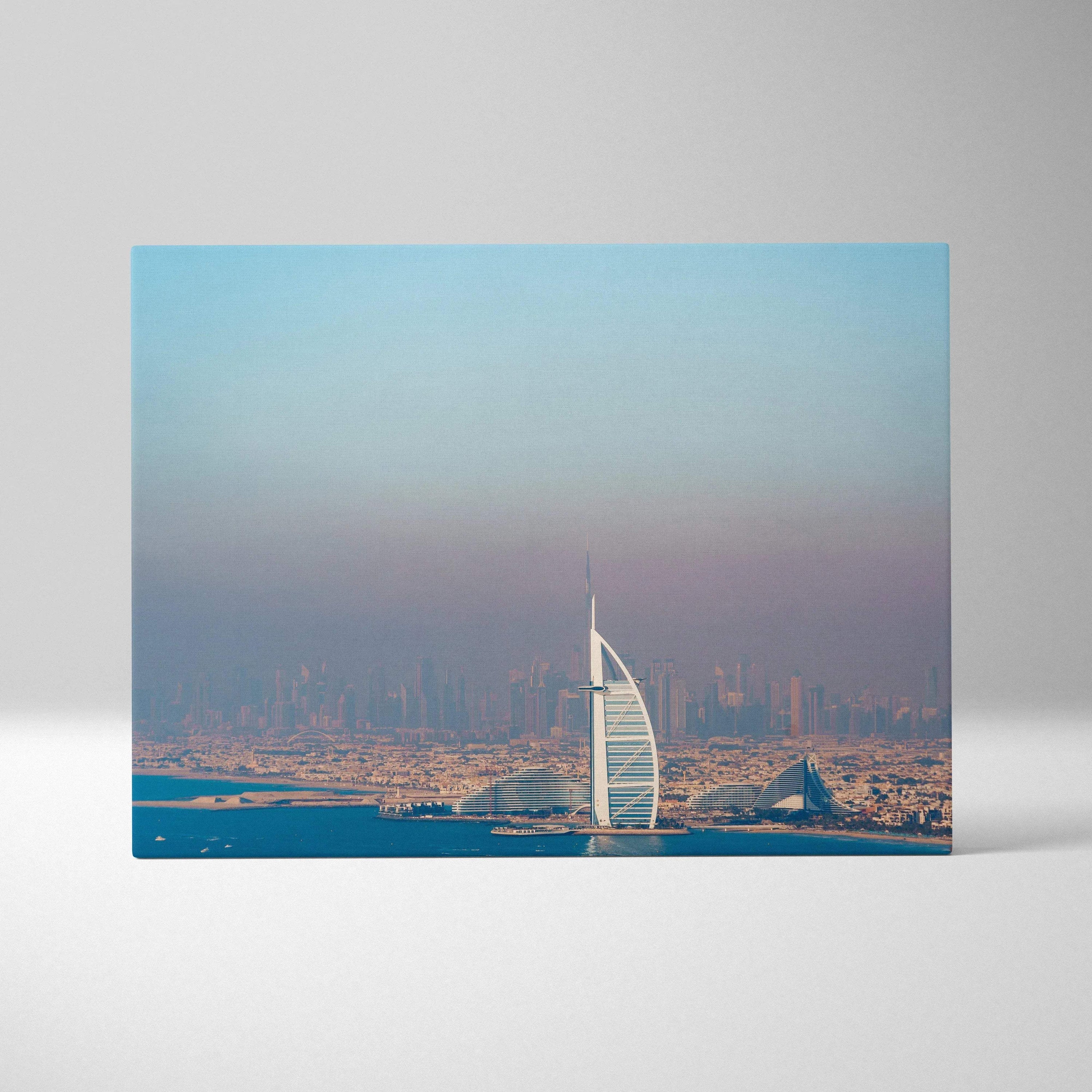 Canvas wall art featuring a digital print of a white sail-shaped building against a hazy sky and cityscape background.