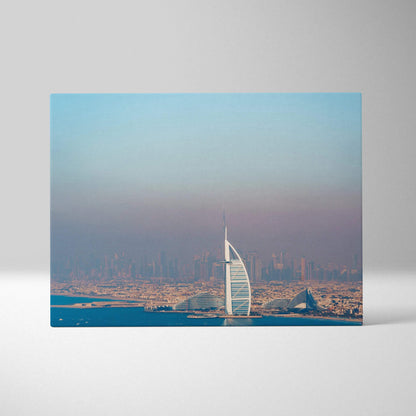 Canvas wall art featuring a digital print of a white sail-shaped building against a hazy sky and cityscape background.