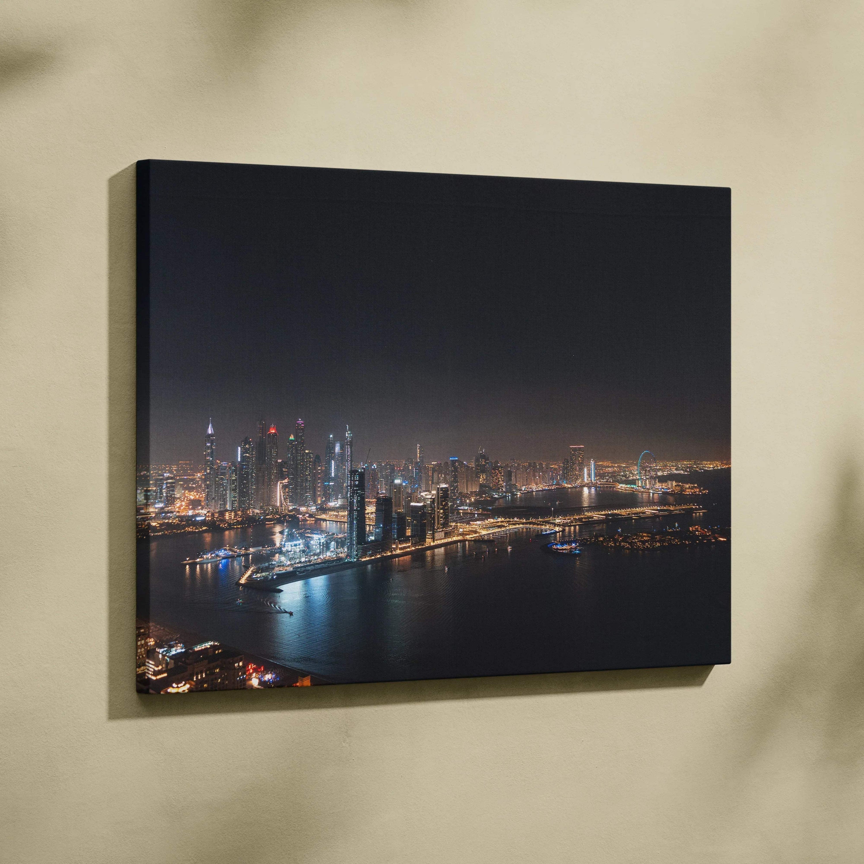 Nighttime city skyline with illuminated buildings and waterfront on canvas wall art.