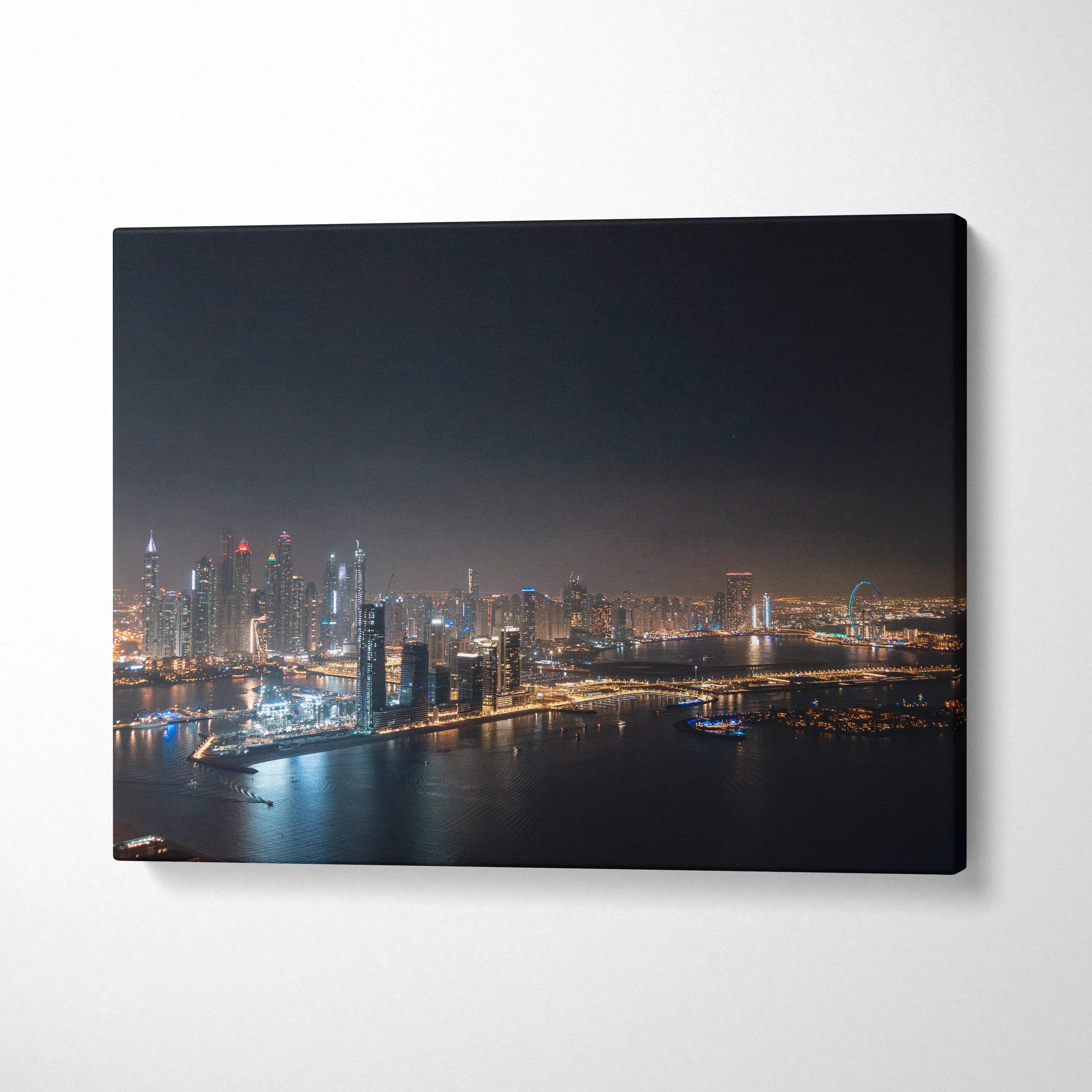 City skyline night view canvas wall art with illuminated modern buildings and bridges.