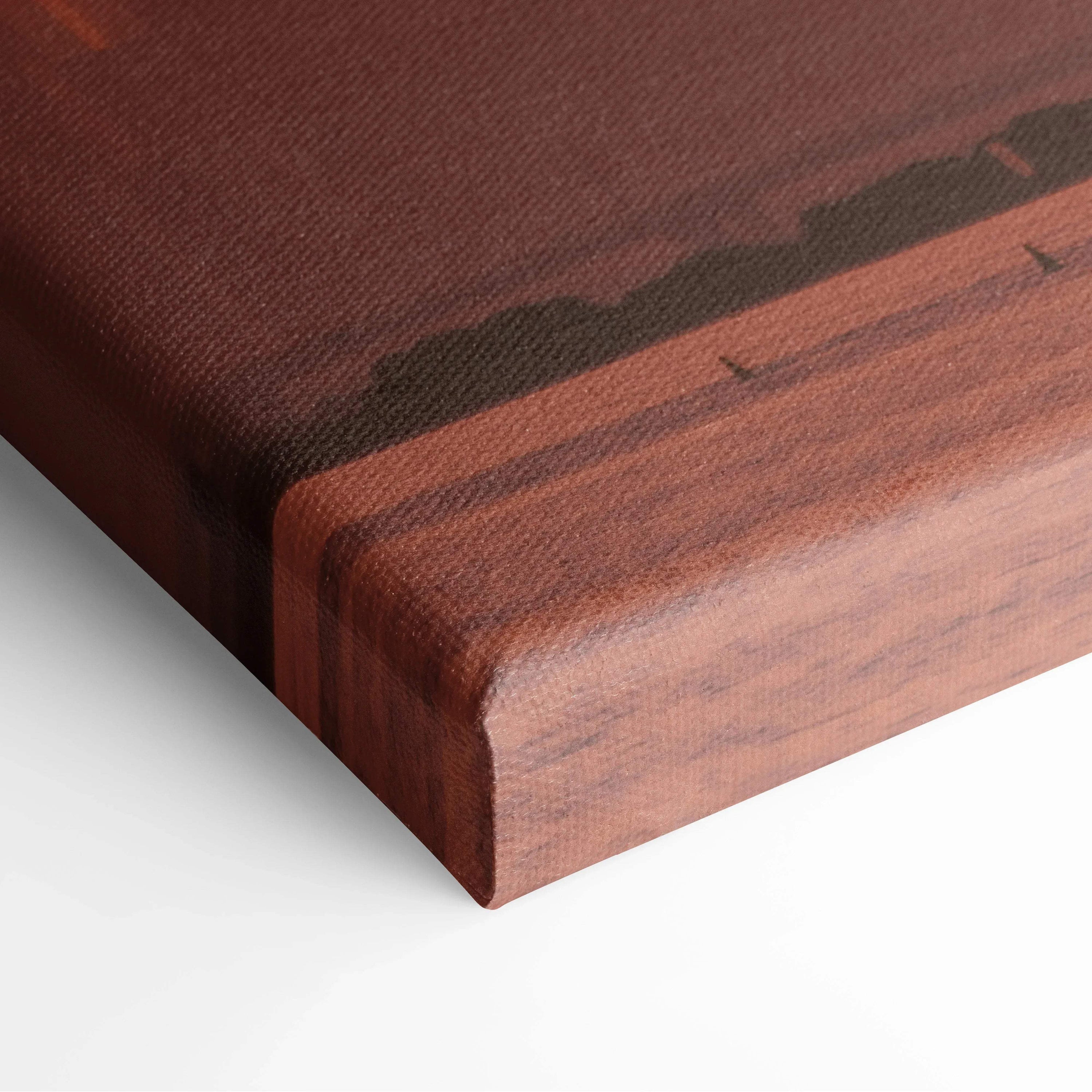 Corner close-up of premium canvas wall art with rich brown and dark tones, showcasing textured canvas art wrap.