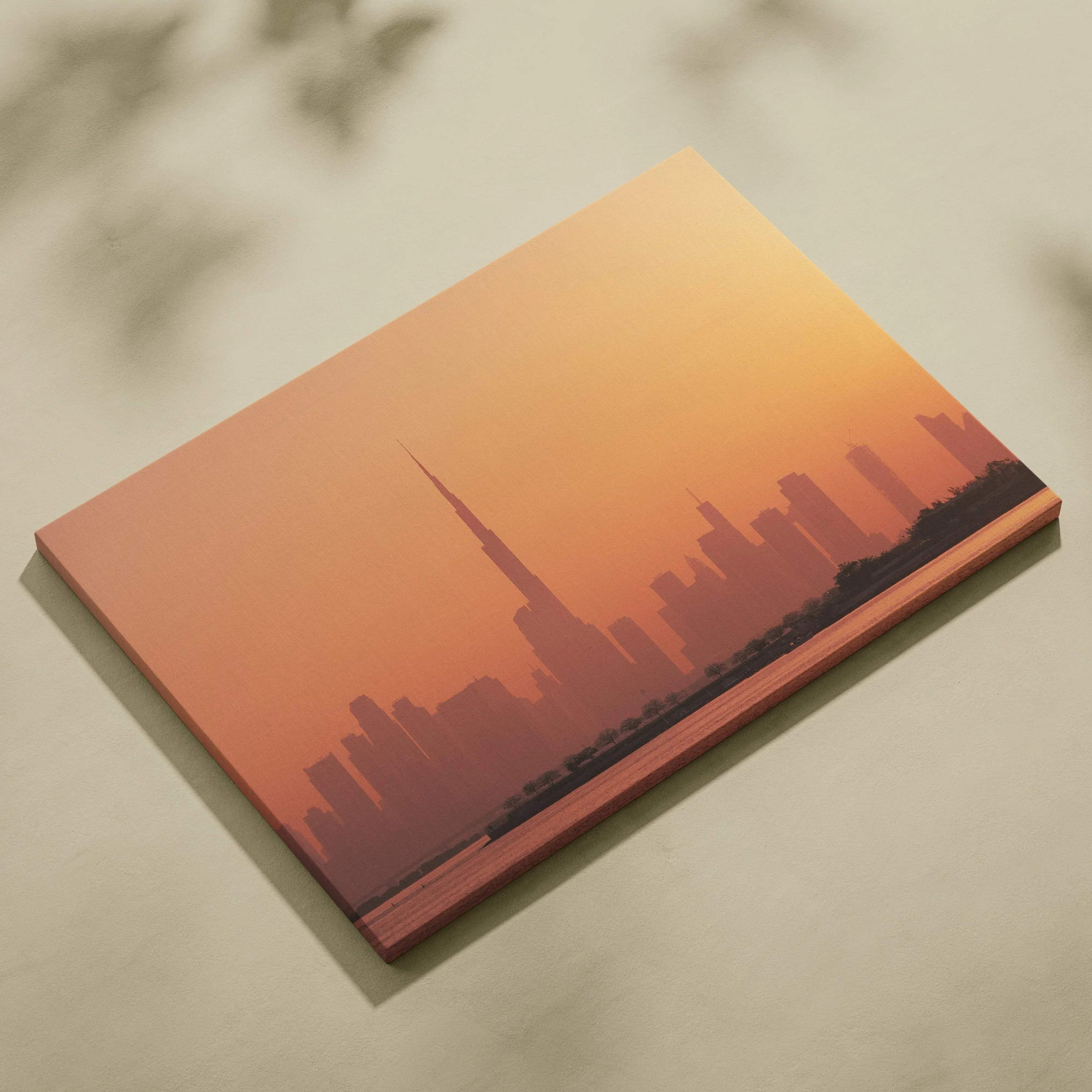 Sunset city skyline canvas wall art with warm orange and purple tones, modern architecture print.