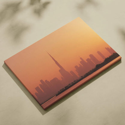 Sunset city skyline canvas wall art with warm orange and purple tones, modern architecture print.