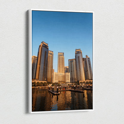 Vertical canvas wall art featuring modern skyscrapers with clear blue sky background for elegant home decor.