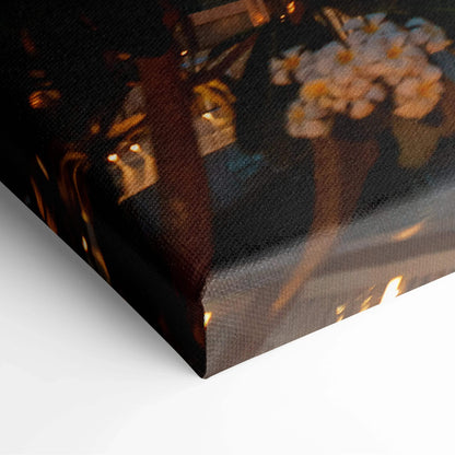 Close-up of a canvas wall art print featuring detailed digital architecture with warm tones and sharp edges.