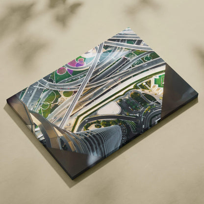 Aerial view of intricate modern highway interchanges printed on a rectangular canvas wall art with vibrant colors and.