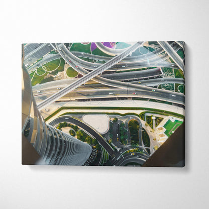 Canvas wall art featuring aerial digital art of modern highway architecture with intersecting roads and greenery.