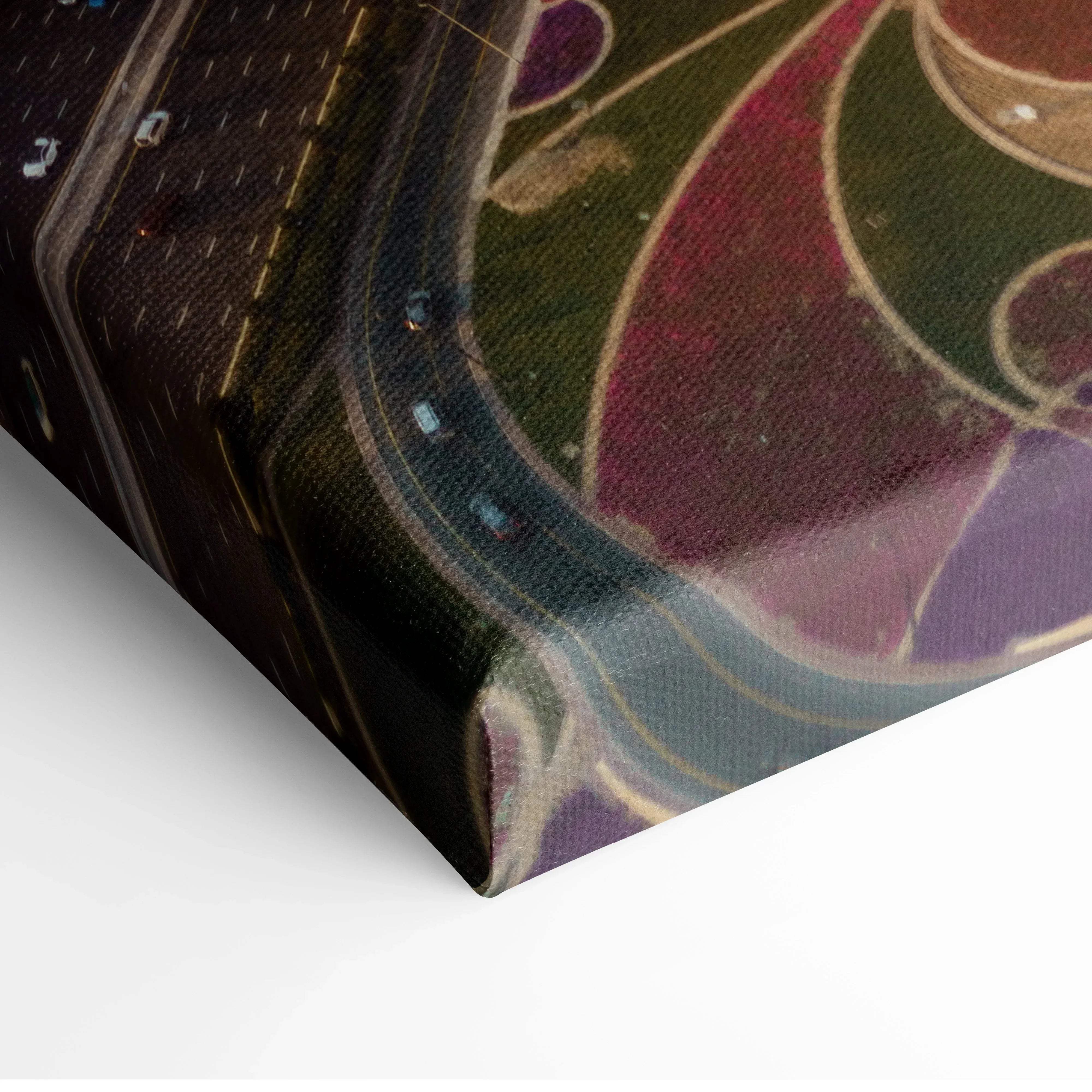 Golden hour urban skyline canvas wall art featuring vibrant abstract swirling patterns in deep purples greens and reds on textured surface