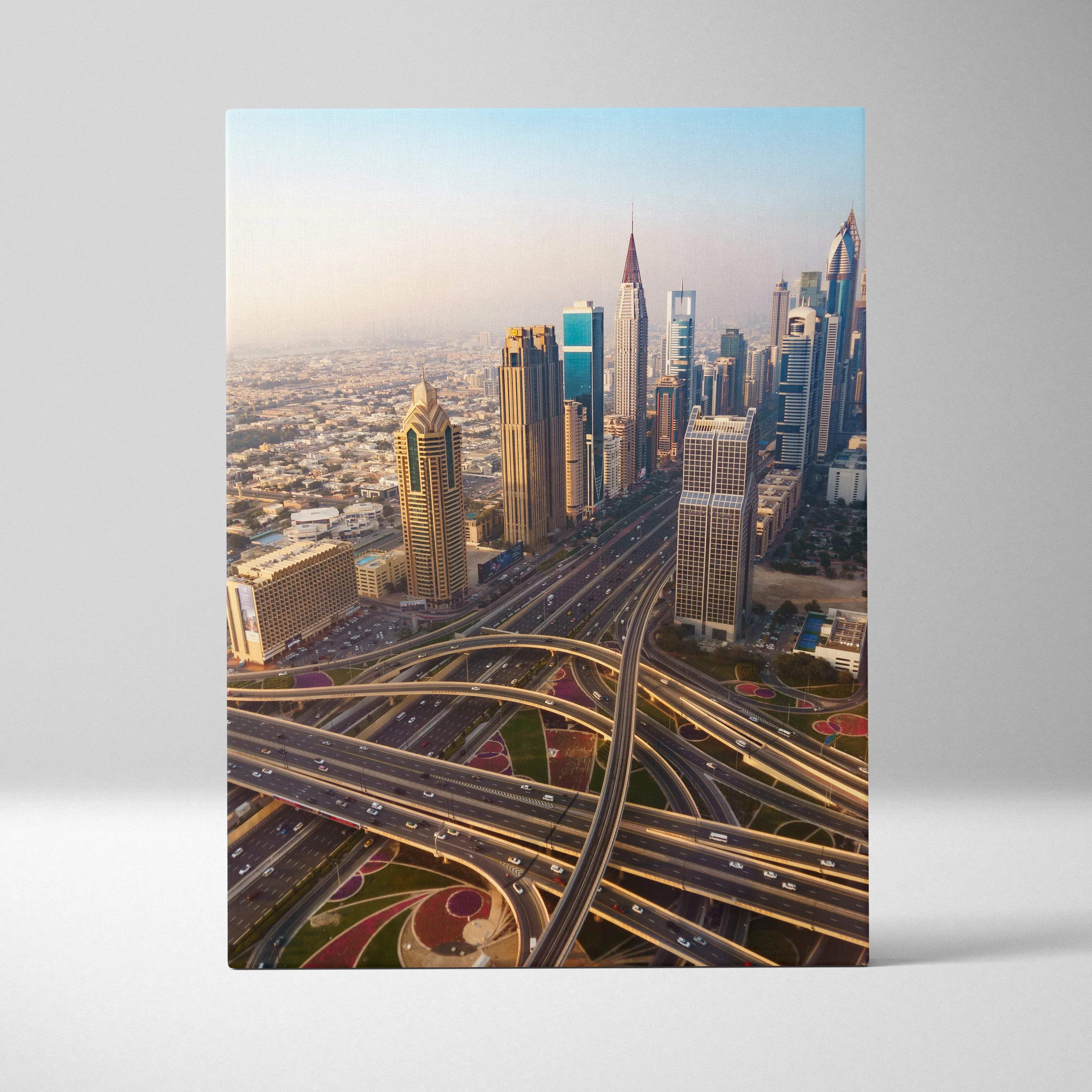 A rectangular canvas print of dubais skyline with vibrant golden hues and complex highway interchange under soft sunlight