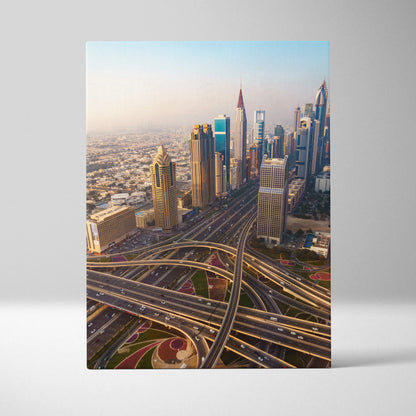 Canvas wall art featuring a digital aerial view of a sprawling cityscape with modern skyscrapers and intricate highway.