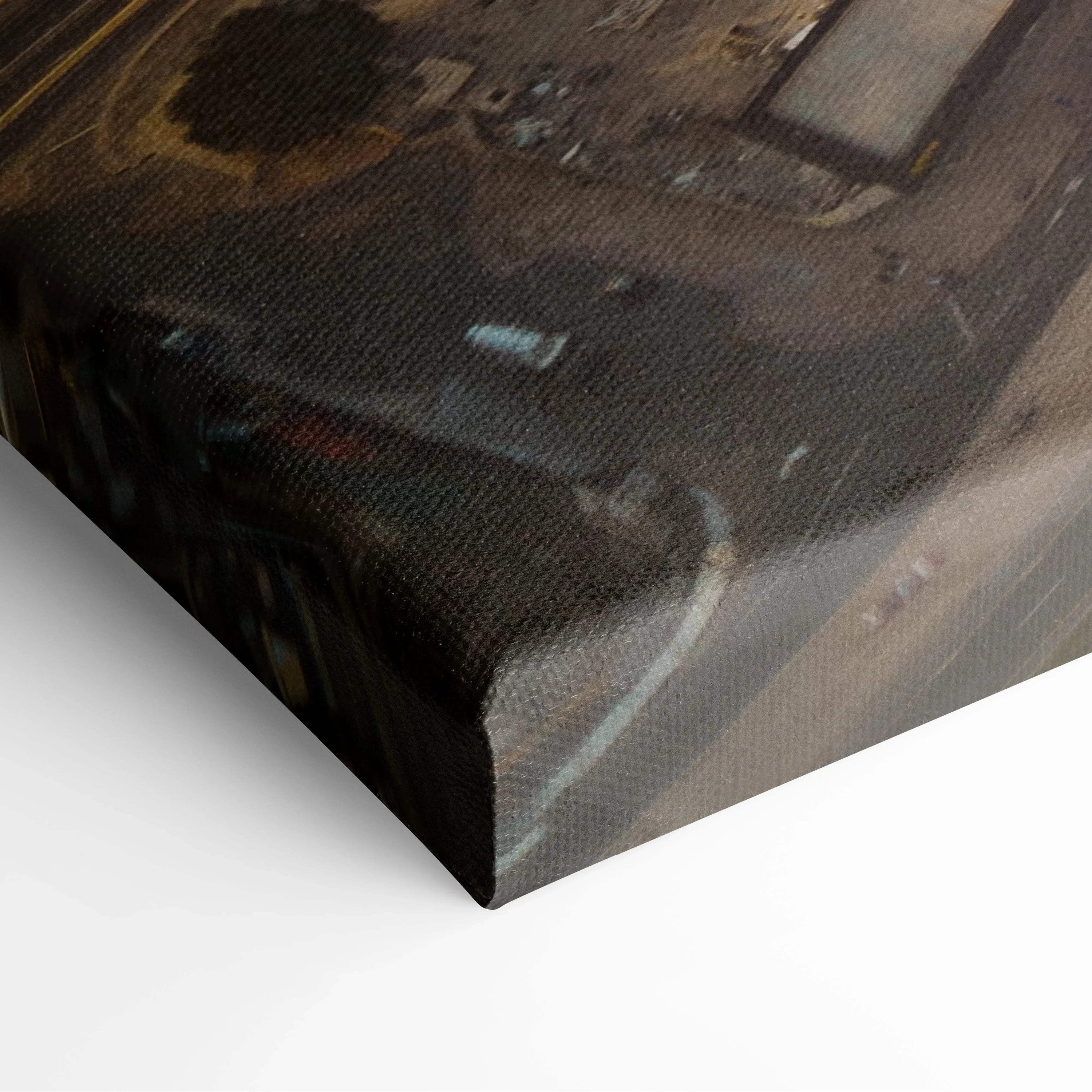 Close-up of canvas wall art print featuring dark, muted architectural digital art with textured fabric surface.