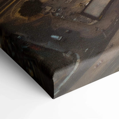 Close-up of canvas wall art print featuring dark, muted architectural digital art with textured fabric surface.