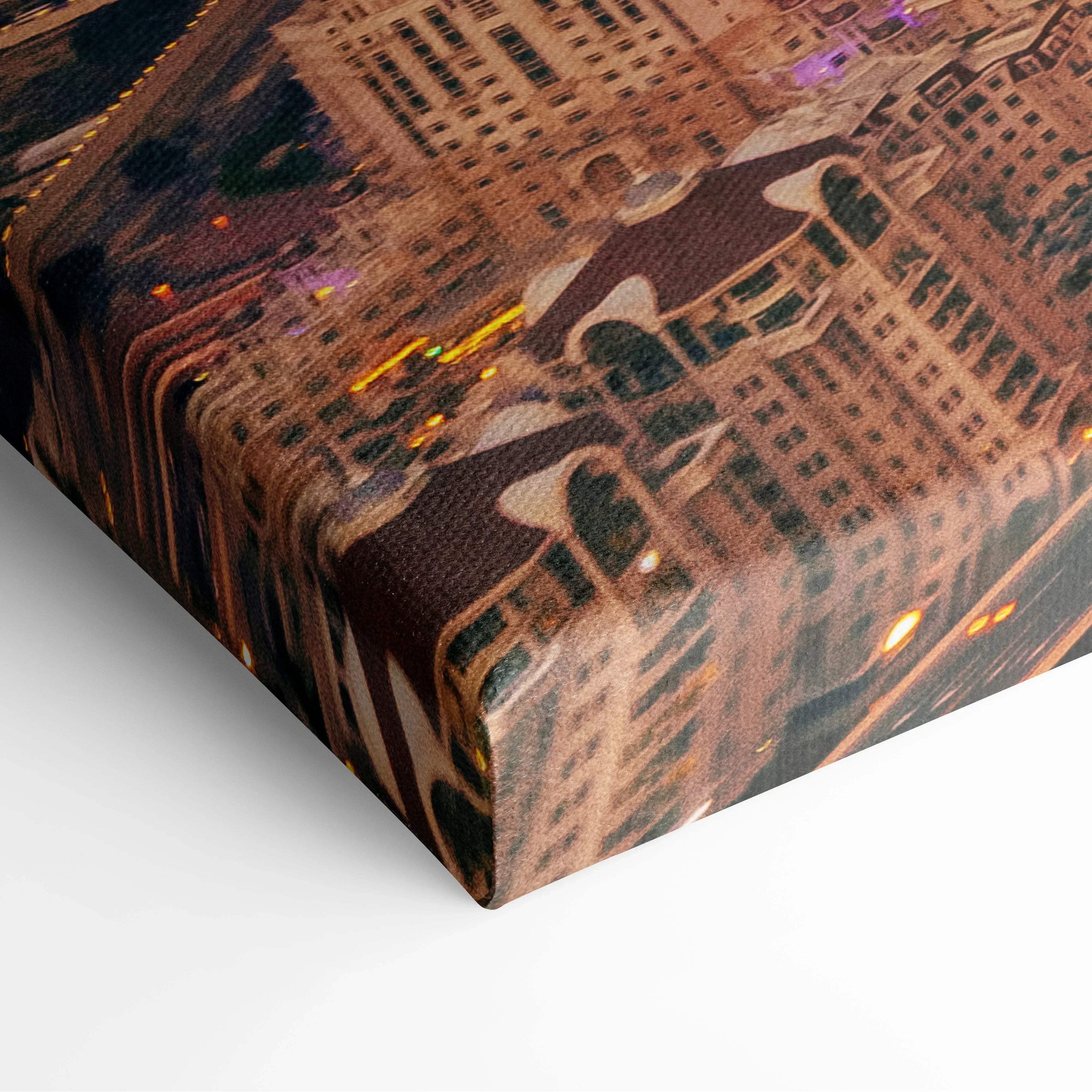 Cityscape canvas art with warm orange and brown tones, featuring detailed architectural buildings and illuminated windows.