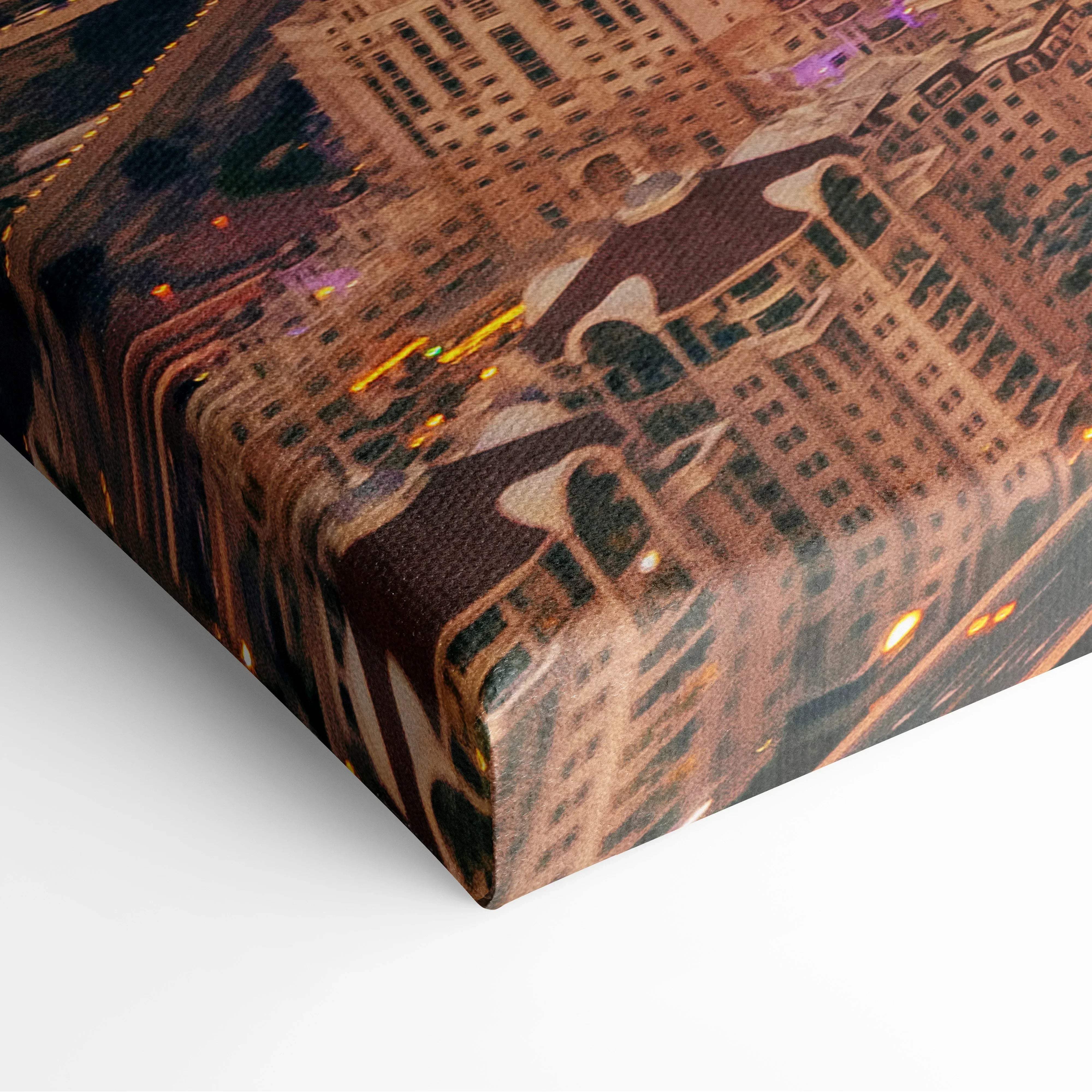 Modern cityscape canvas print featuring warm-toned illuminated dubai skyline with burj khalifa at sunset golden hour