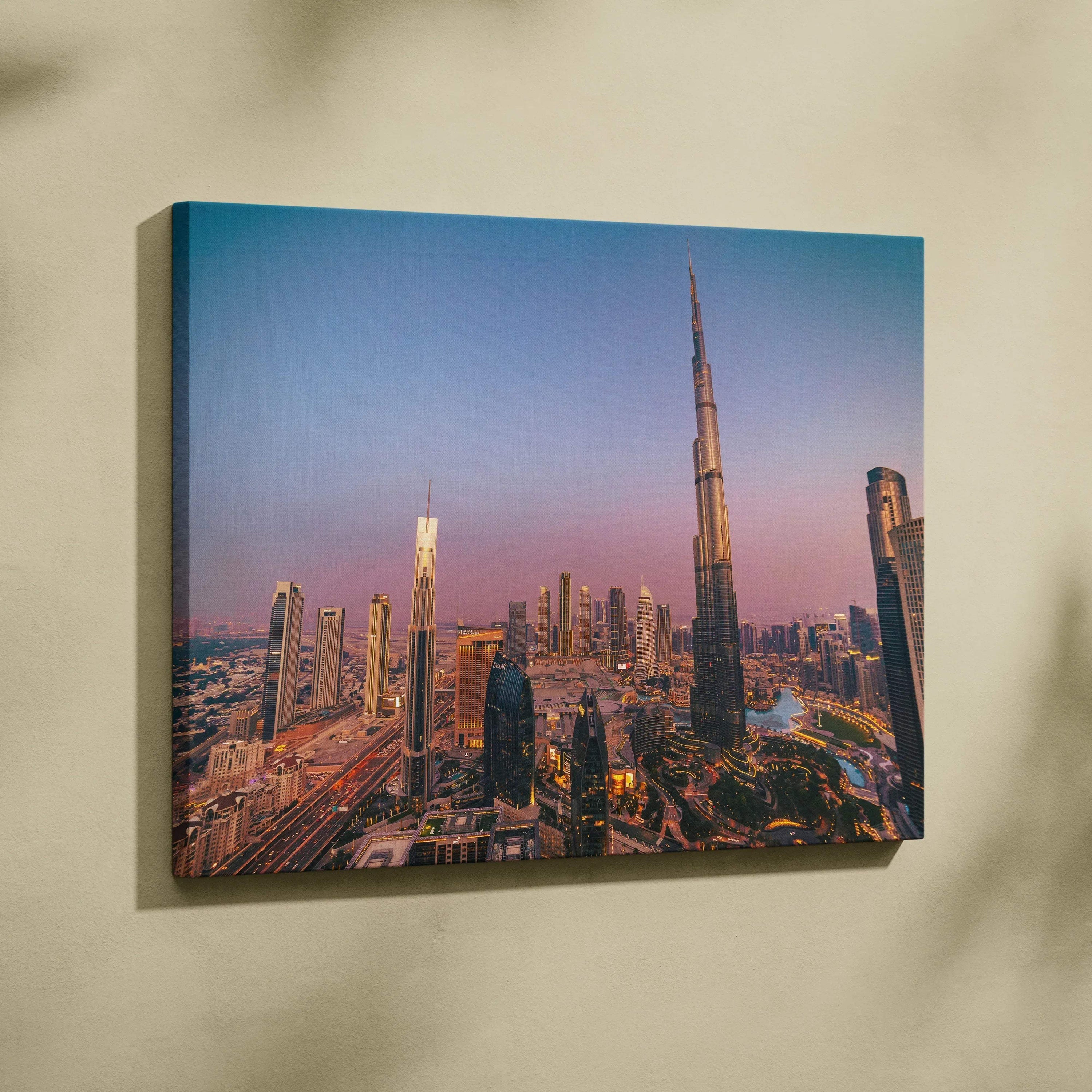 Urban skyline canvas art featuring modern skyscrapers at dusk, vibrant wall art for home decor.