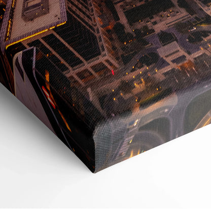 Close-up of premium canvas wall art showing textured print of iconic architecture in warm tones.