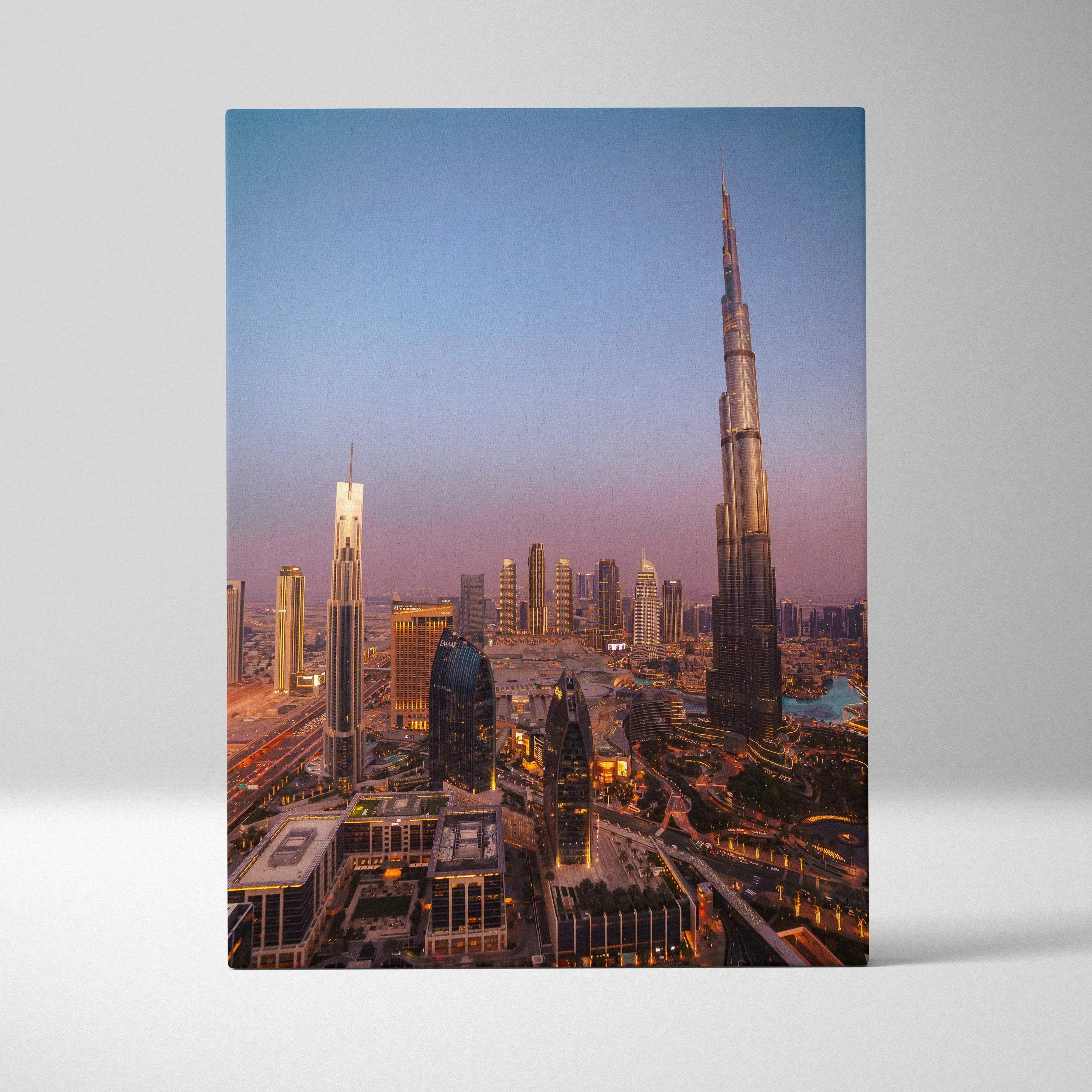 Rectangular canvas print of dubai skyline at sunset featuring burj khalifa with vibrant colors and sleek glass facade