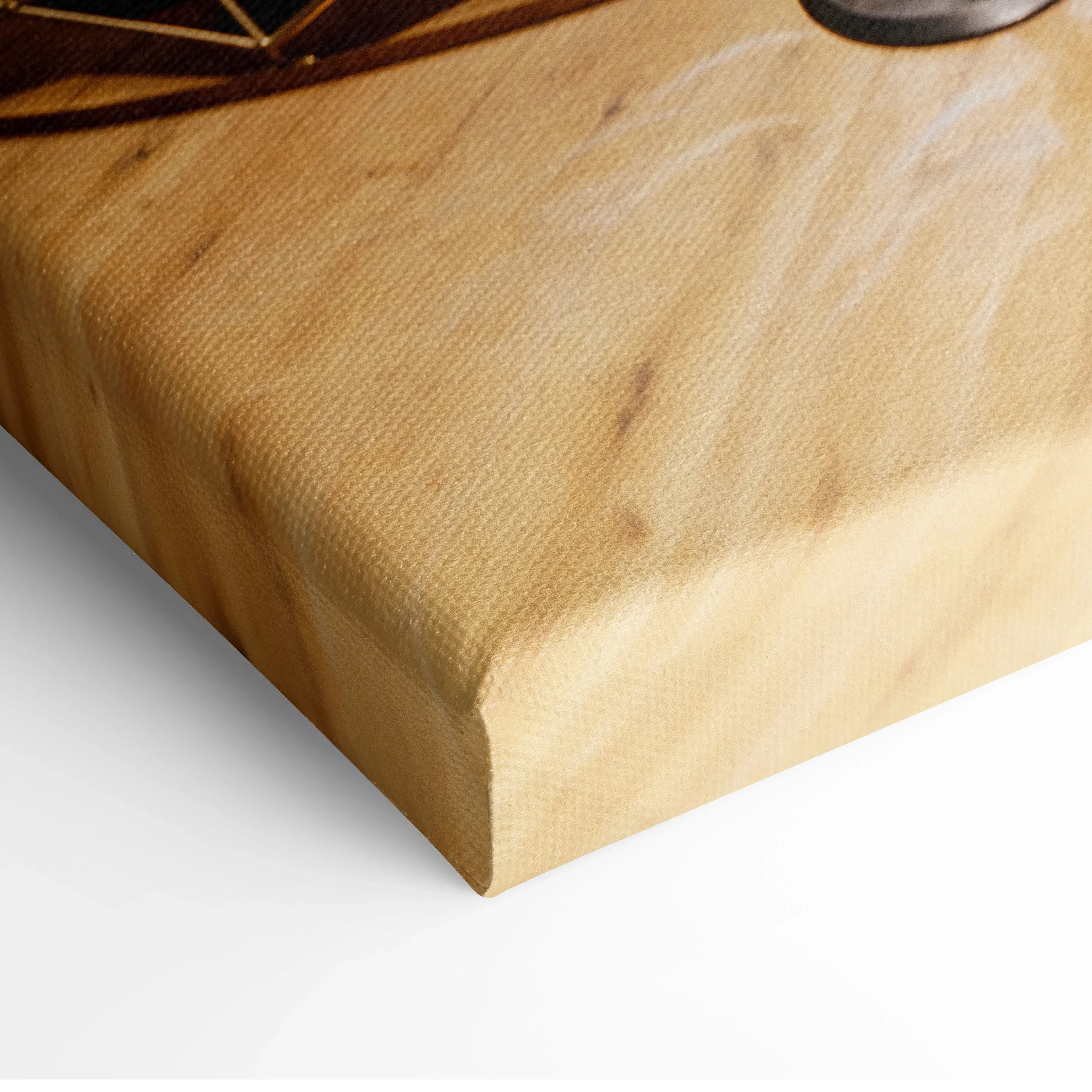 Beige textured canvas art print stretched over wooden frame with visible fabric grain and slight shadowing on corner.