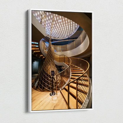 Canvas wall art featuring a spiral staircase with golden railings and geometric ceiling light patterns in a modern.