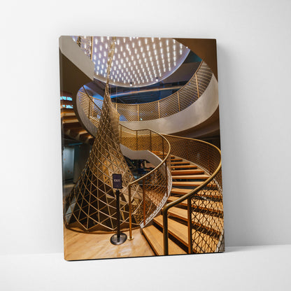 Canvas wall art featuring a modern spiral staircase and geometric architectural ceiling with warm lighting.