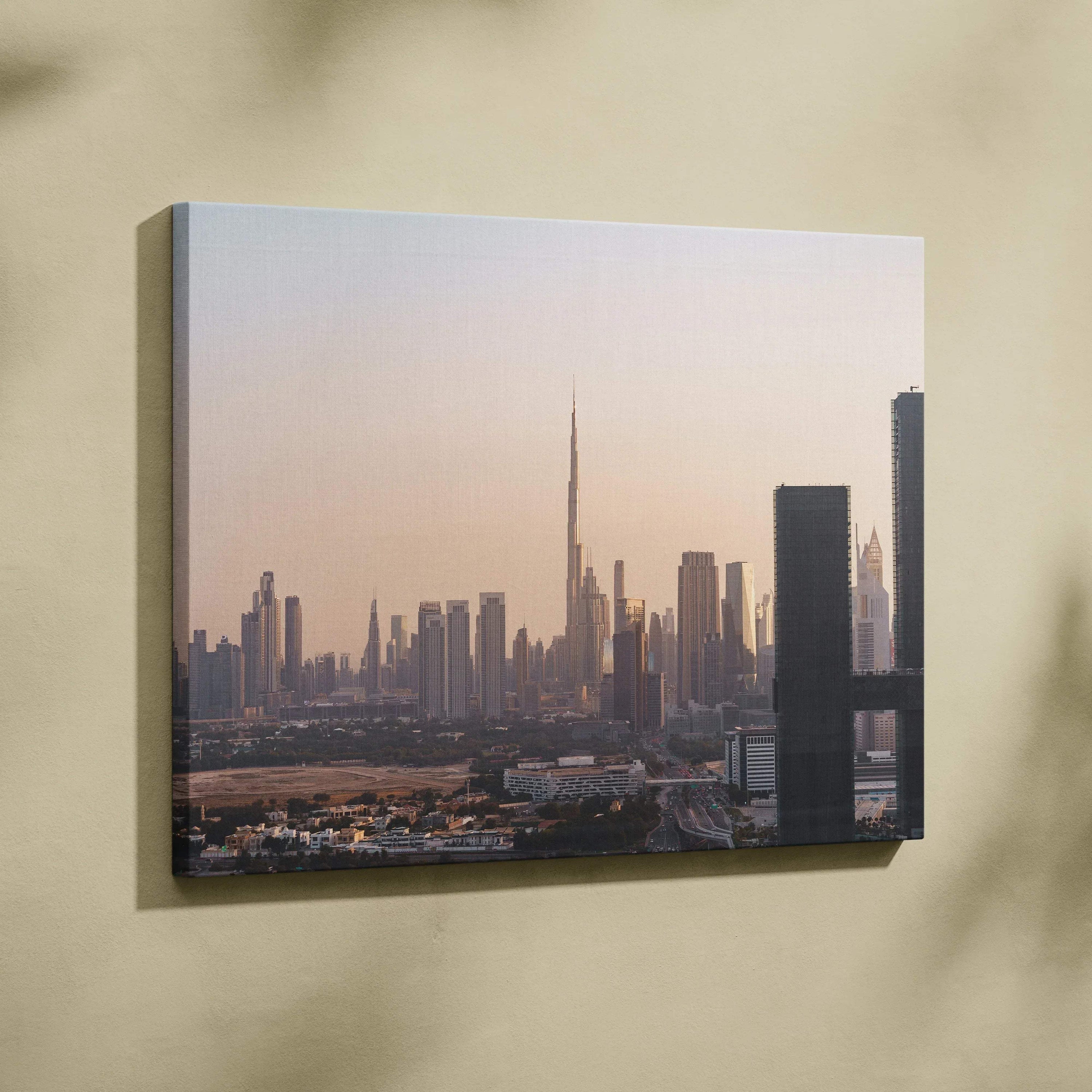 Canvas wall art featuring an elegant city skyline with modern skyscrapers at sunset.