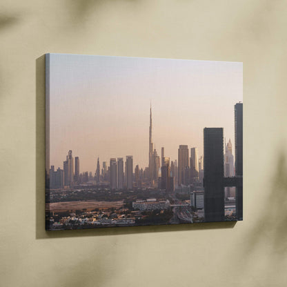 Canvas wall art featuring an elegant city skyline with modern skyscrapers at sunset.