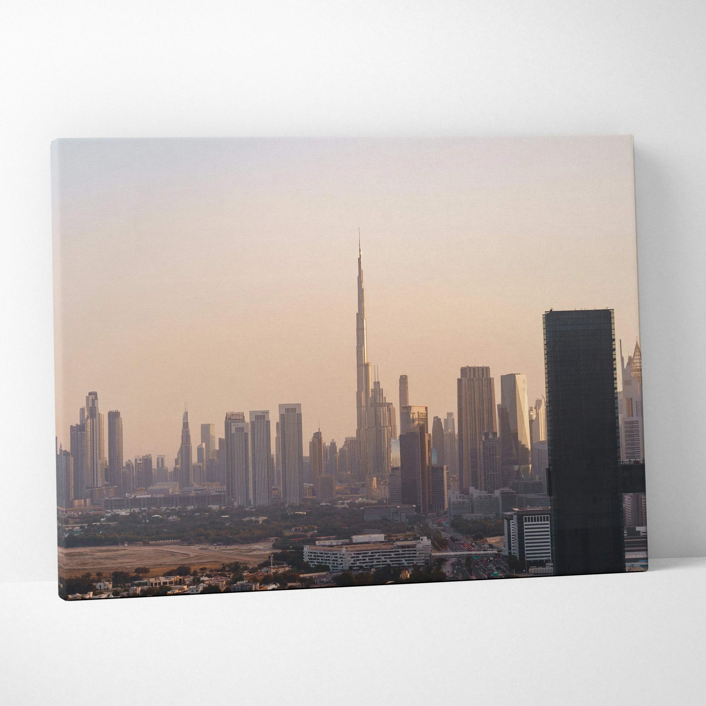 Canvas wall art featuring a digital cityscape with modern skyscrapers at sunset.