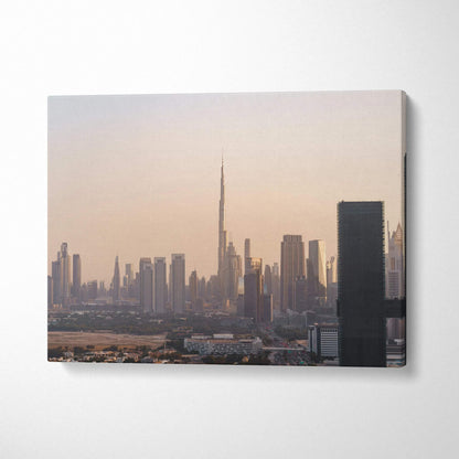 Canvas wall art featuring a city skyline with modern skyscrapers at sunset, architecture art on canvas.