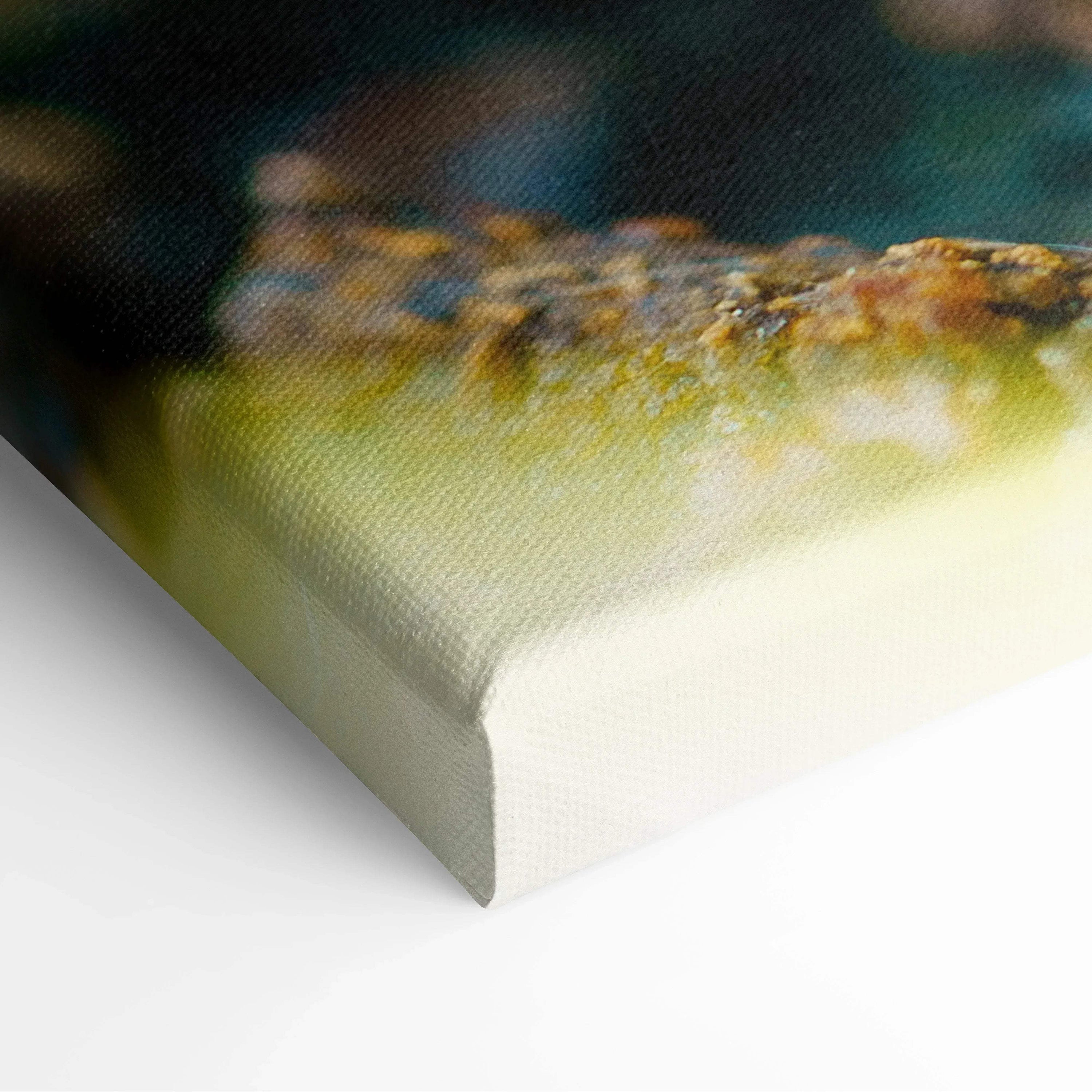 Close-up of vibrant strawberry canvas wall art corner with textured surface and sharp color details for decor.