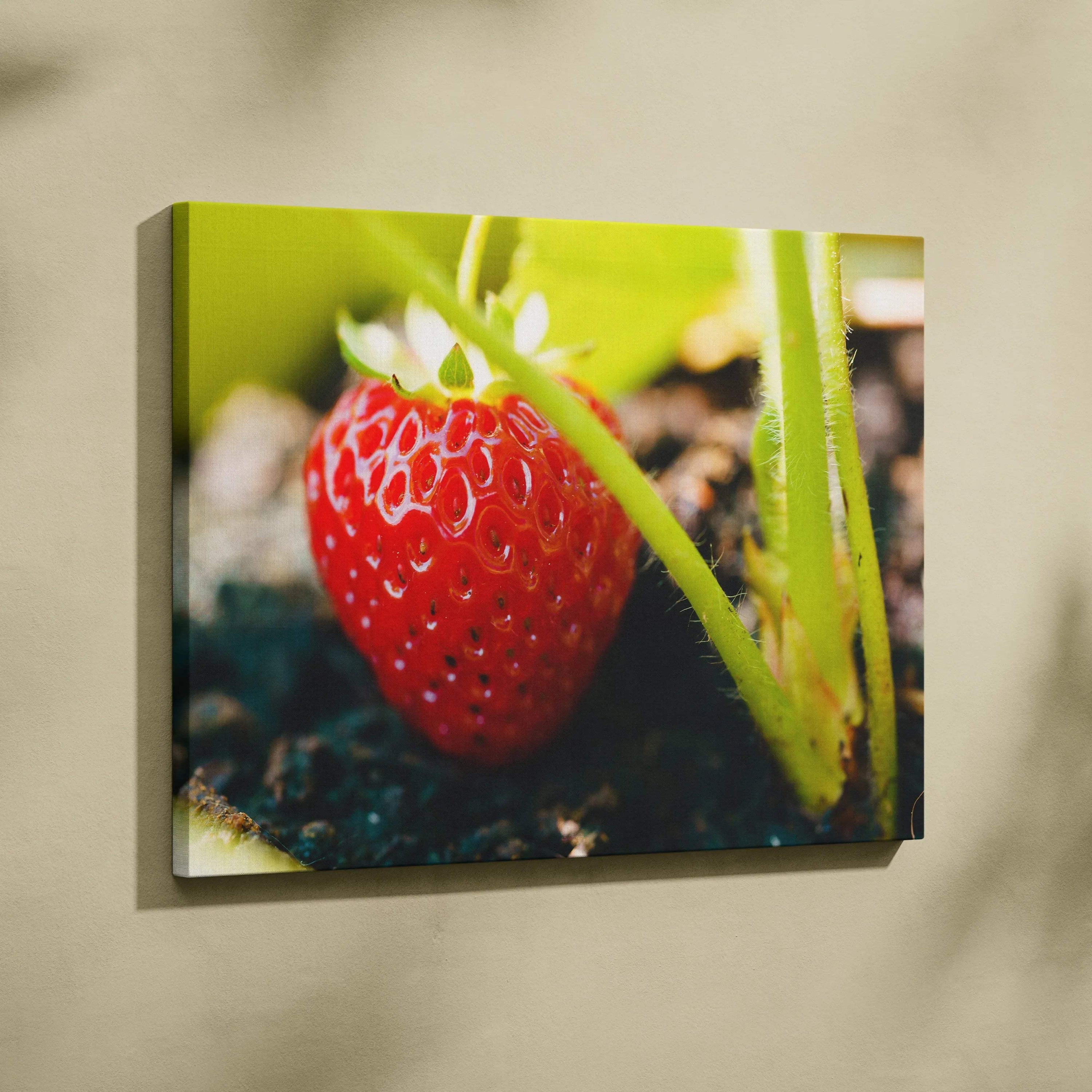 Canvas wall art featuring a vibrant red strawberry with green leaves and detailed soil background.