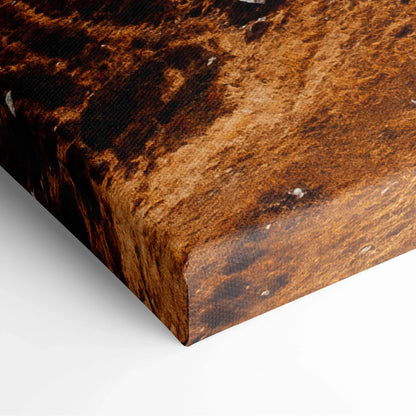 Close-up of canvas wall art corner with rich brown autumn texture and subtle wood grain detail.