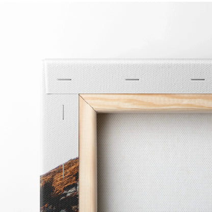 Close-up of wooden frame corner and white canvas texture on fall foliage wall art canvas art.