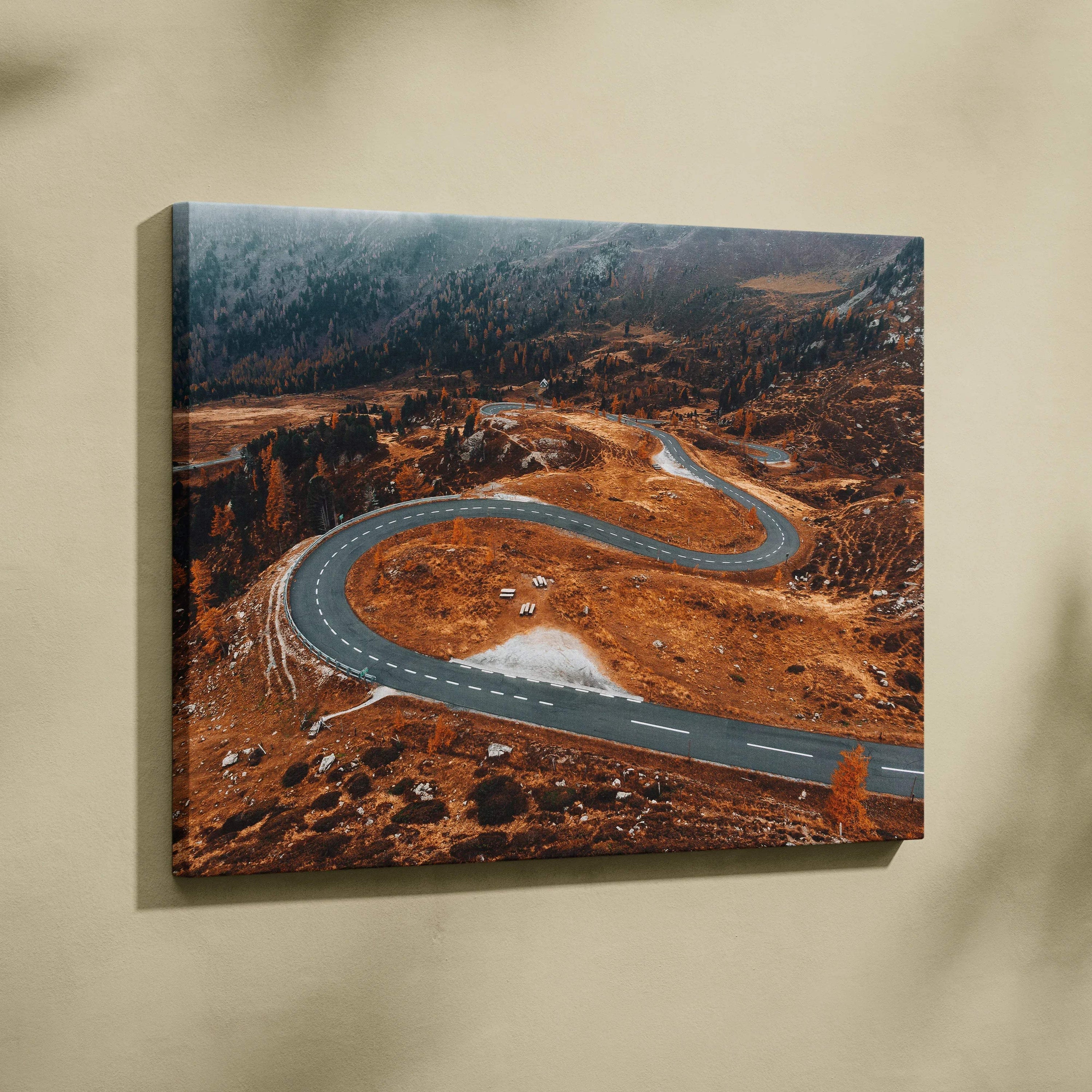 Autumn nature canvas art with winding road and vibrant orange foliage wall art.