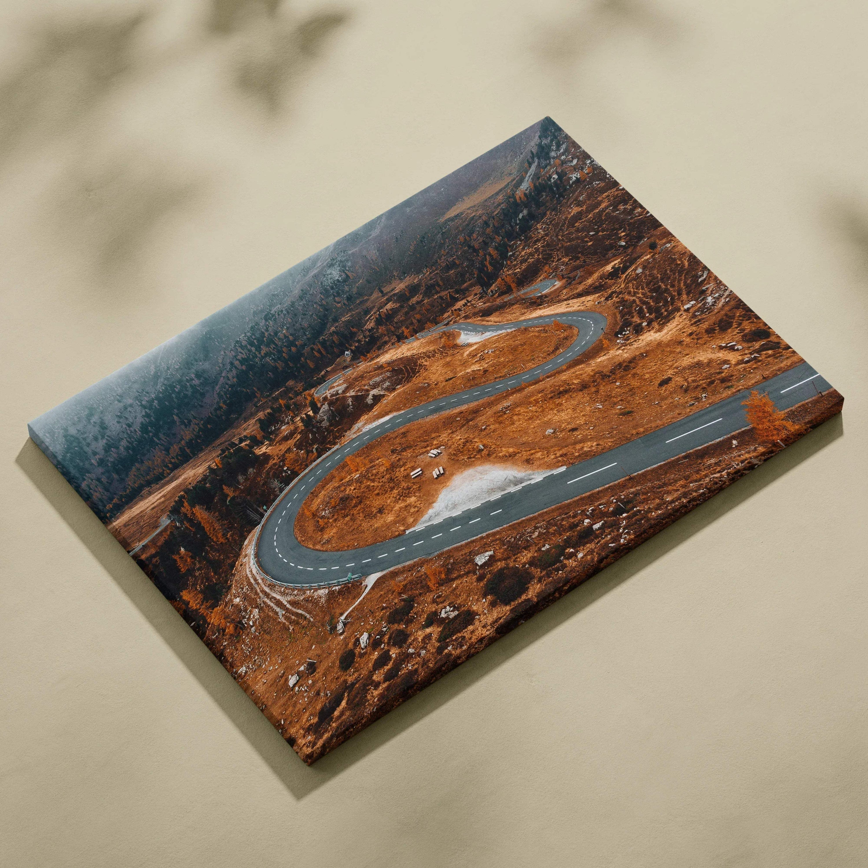 Autumn nature canvas art featuring winding road through vibrant orange and brown foliage wall art.
