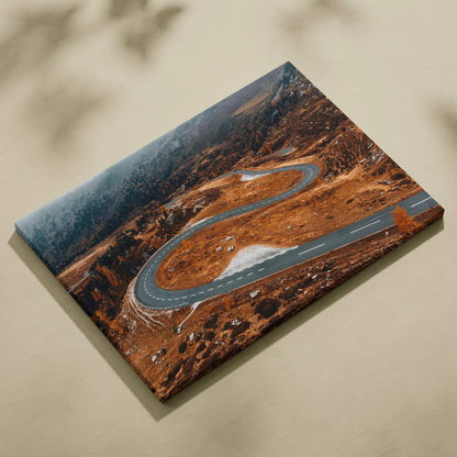 Autumn nature canvas art featuring winding road through vibrant orange and brown foliage wall art.