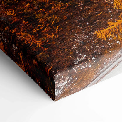 Close-up of vibrant autumn digital art print on textured canvas with golden leaves and serene road detail, wall art.