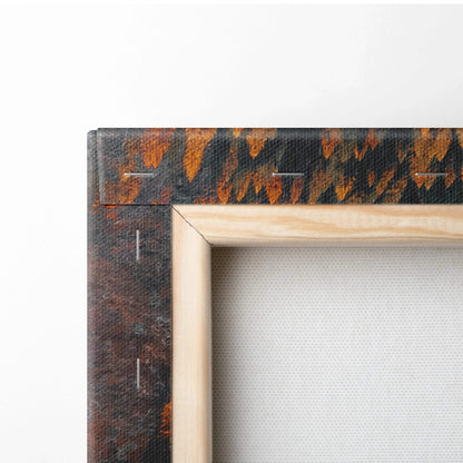 Corner view of vibrant autumn canvas art with golden leaves and serene road, stretched on wooden frame wall art.