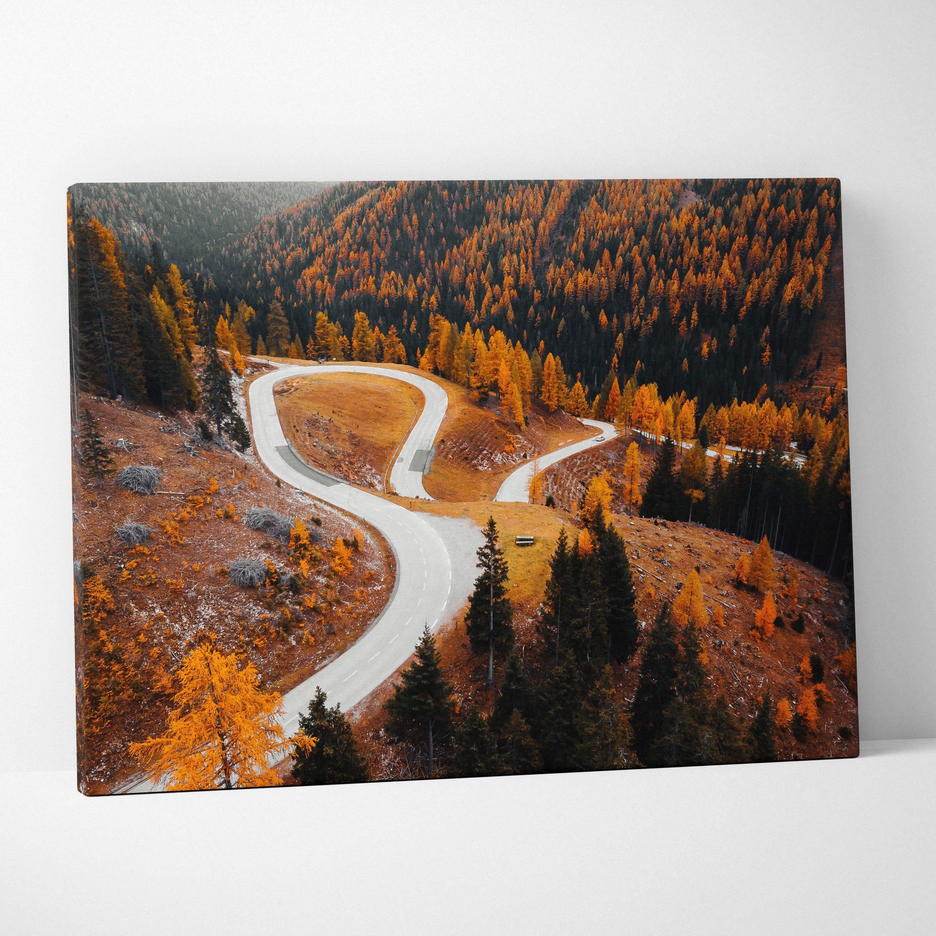 Autumn landscape digital art canvas wall art with winding road and golden leaves.