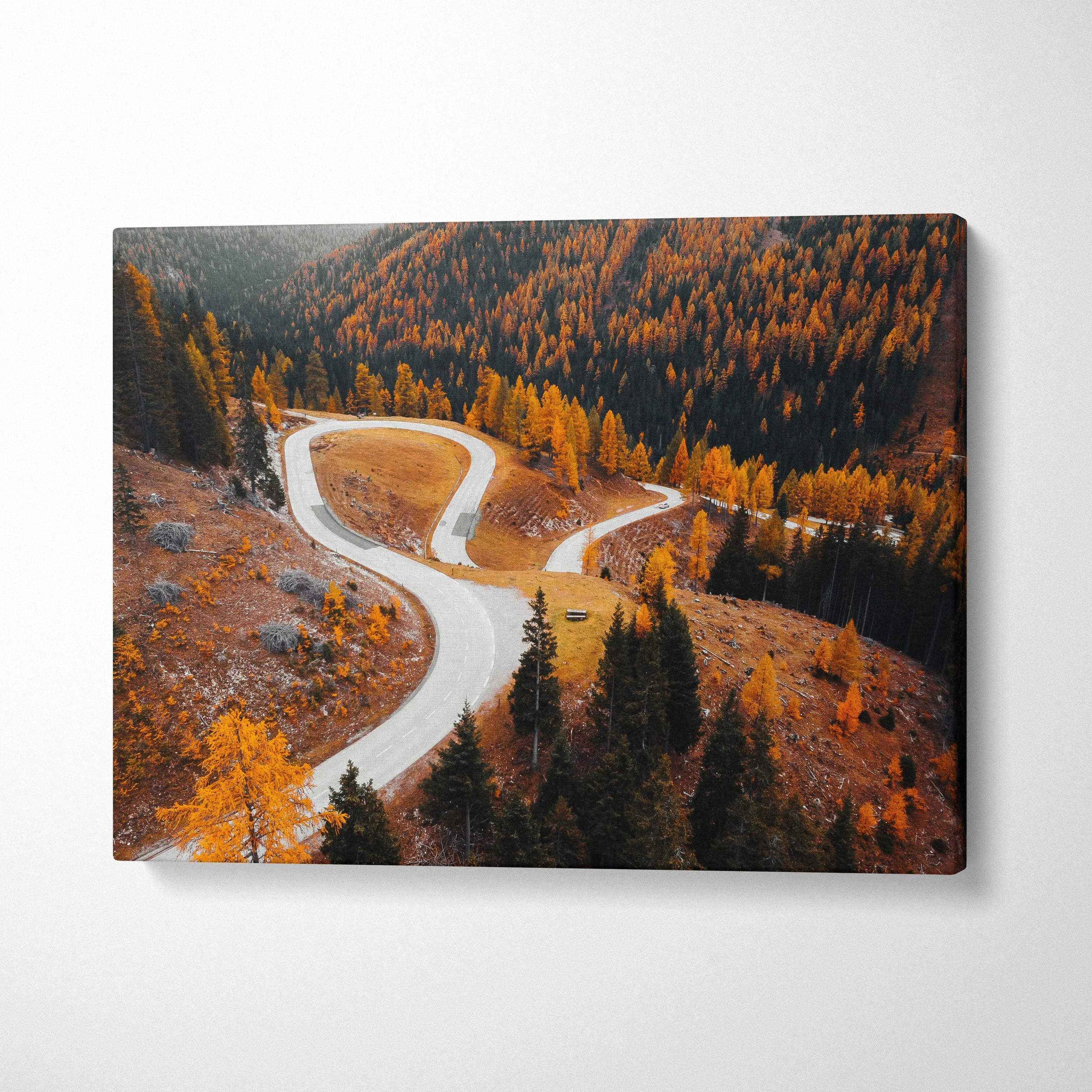 Autumn landscape canvas art with winding road and vibrant golden leaves wall art.