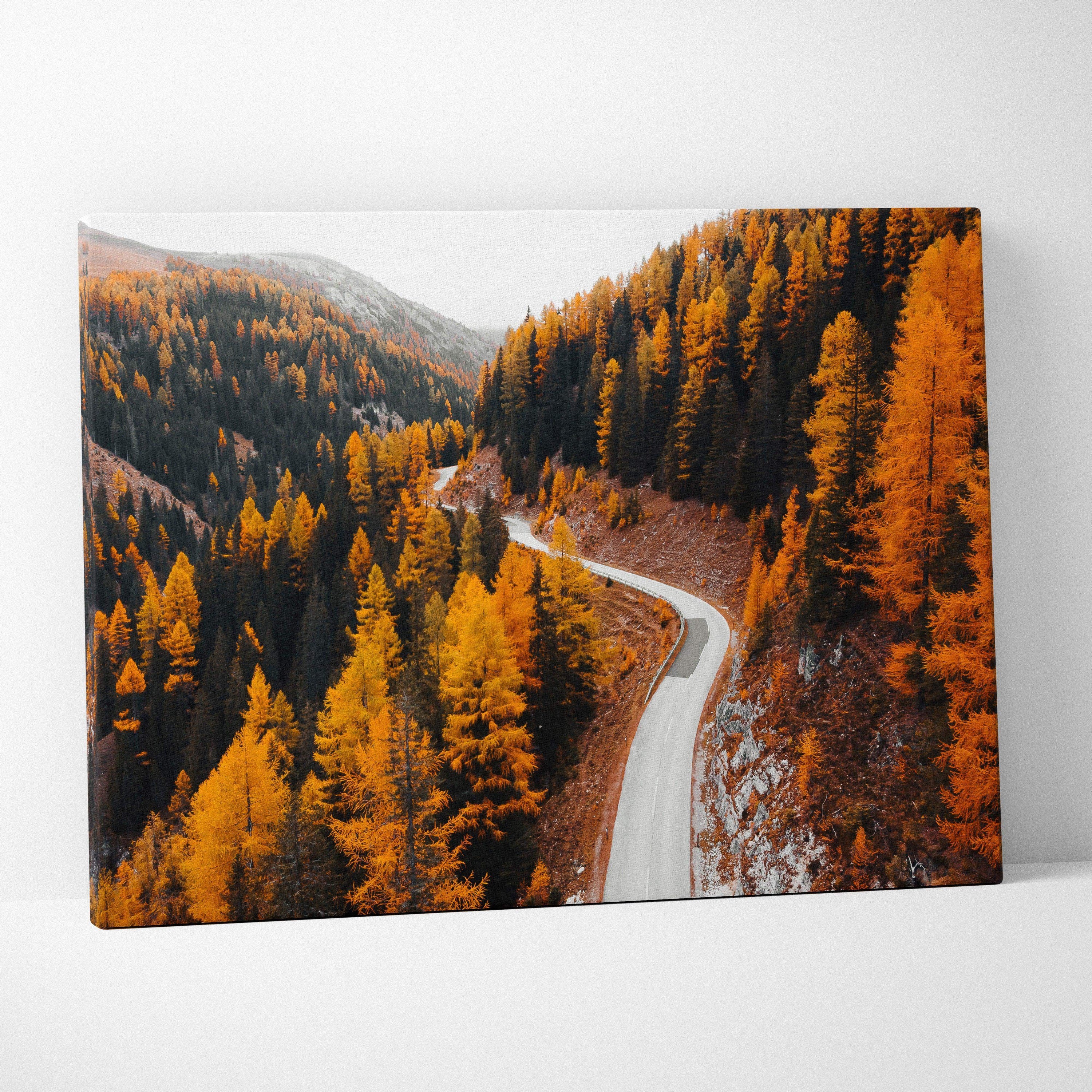 Autumn landscape canvas art with winding road and vibrant orange fall foliage wall art.